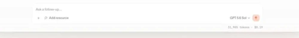 Cloudflare OS の入力欄。使用モデルとして GPT 5.6 Sol が選択され、右下に「31,905 tokens・$0.19」と消費量と概算コストが表示されている