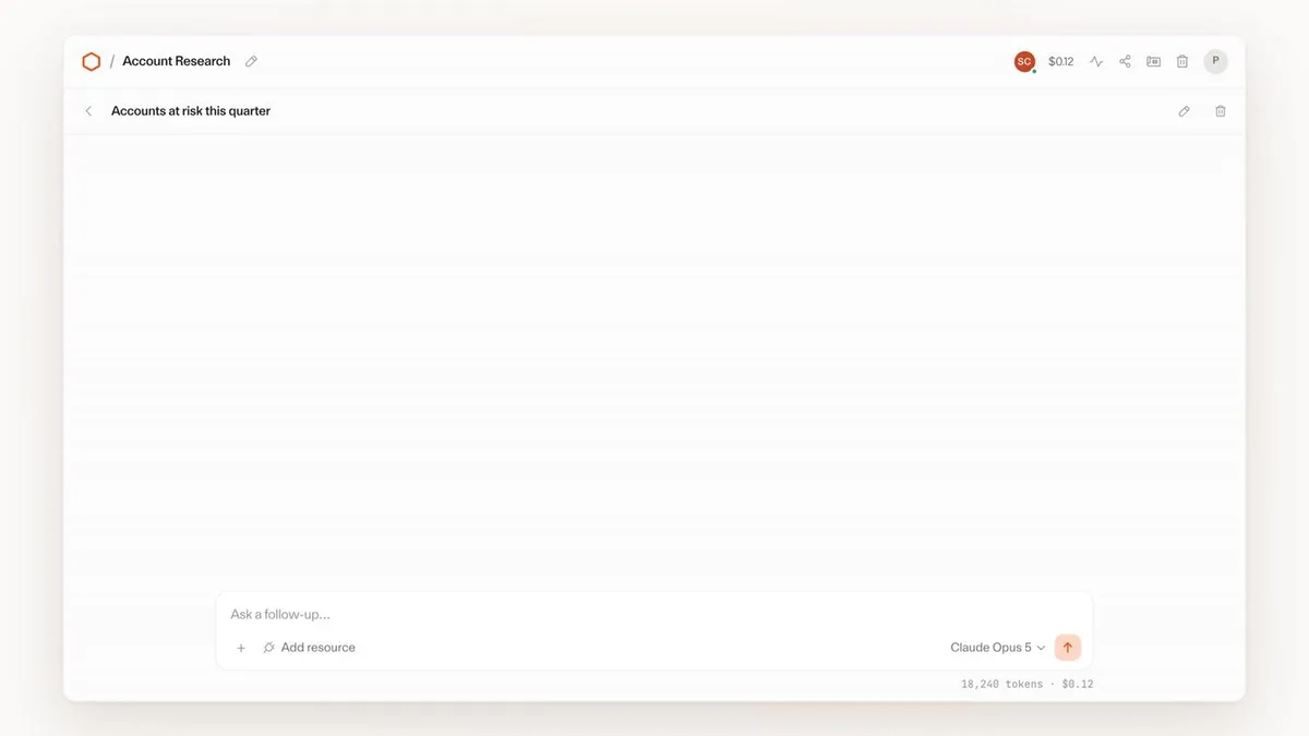 The Cloudflare OS workspace. For the task "Account Research (accounts at risk this quarter)," the model picker at the bottom right has Claude Opus 5 selected, and the token count and estimated cost (18,240 tokens / $0.12) are shown