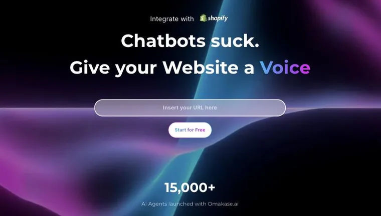 The Omakase.ai official website home screen, headlined Chatbots suck. Give your Website a Voice, with a URL input field and a figure of more than 15,000 AI agents launched