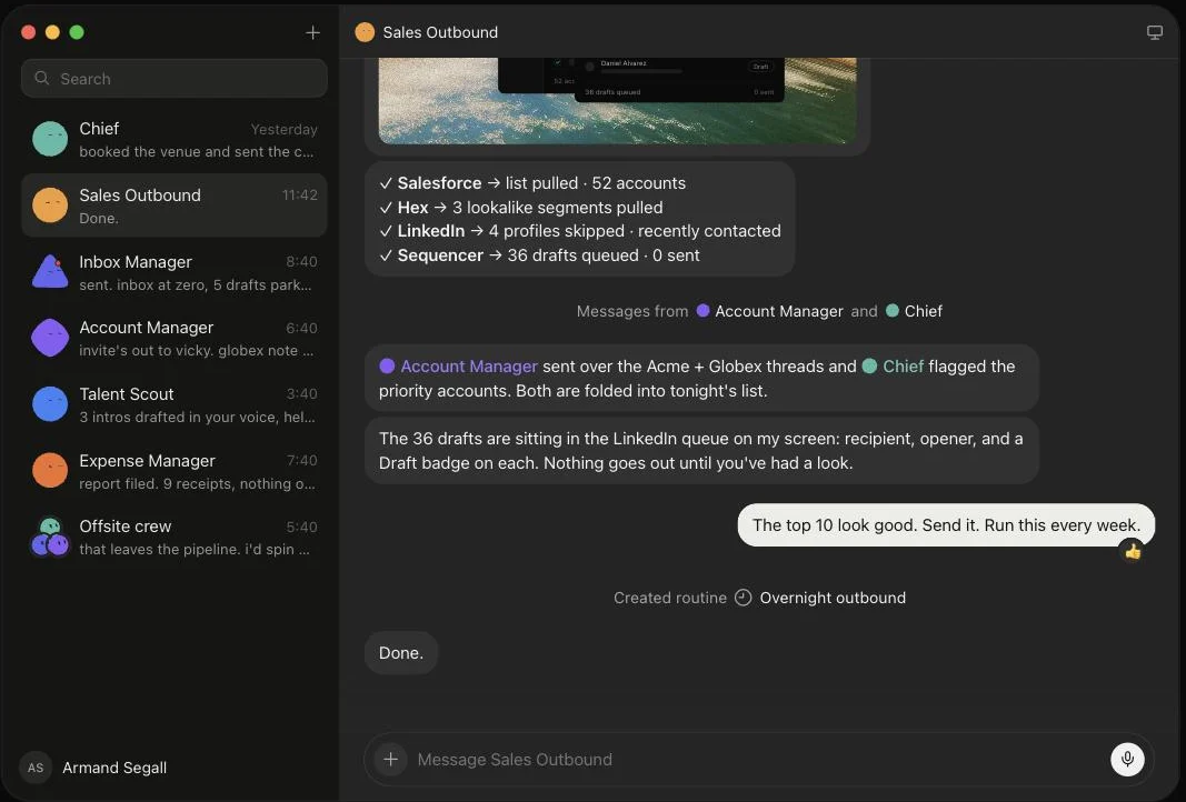 The Grok Bot desktop app. Chief, Sales Outbound and Inbox Manager sit in the left rail; in the thread on the right the Bot has pulled 52 accounts from Salesforce and queued 36 drafts, holding them at "0 sent" while it waits for approval