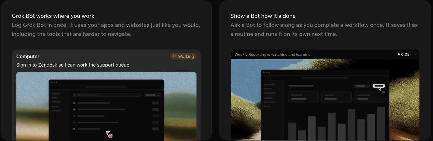 Two Grok Bot features. On the left, "Grok Bot works where you work": the Bot asks to be signed in to Zendesk from its own computer. On the right, "Show a Bot how it's done": the Bot records and learns while a person builds a report