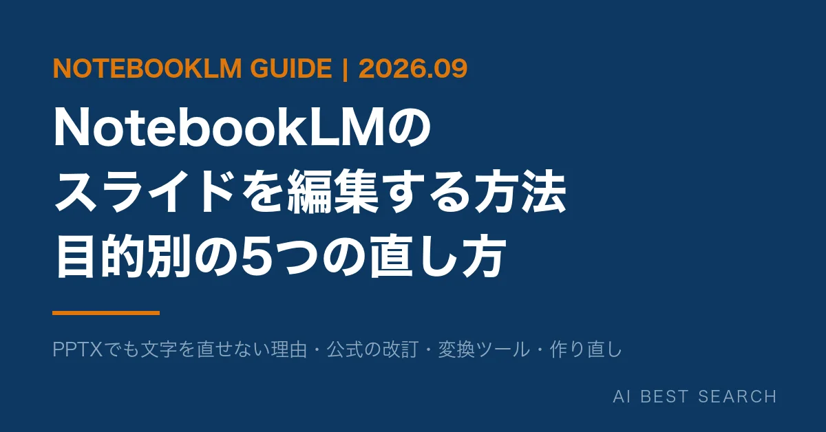 NotebookLMのスライドを編集する方法。PPTXでも文字を直せない理由と、目的別の5つの直し方を整理した記事のイメージ