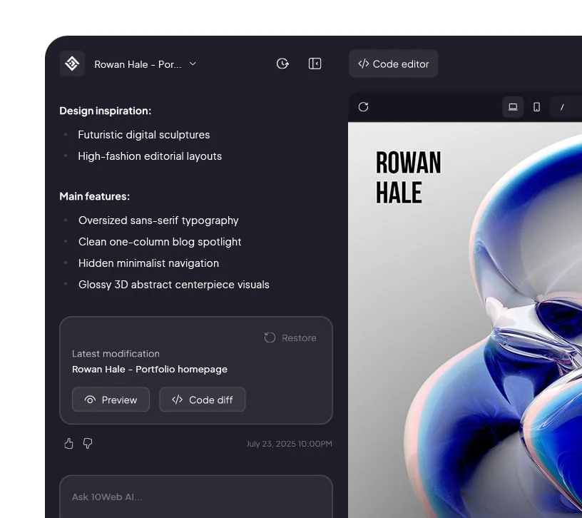 10Web のAIビルダー画面。左にデザインの方向性や主要機能・最新の変更（Rowan Hale - Portfolio homepage）とPreview/Code diffボタン、下部に「Ask 10Web AI...」の入力欄、右に生成中のポートフォリオサイトのプレビューが表示されている