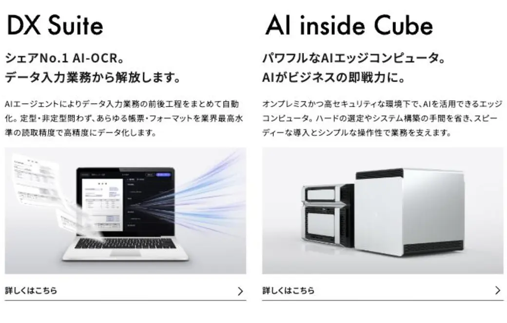 AI inside の製品ラインアップ。DX Suite（シェアNo.1のAI-OCR、帳票データ化）と、AI inside Cube（オンプレミスで動くAIエッジコンピュータの筐体）