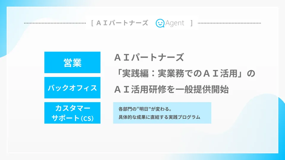AIパートナーズ「実践編：実業務でのAI活用」の告知画像。営業・バックオフィス・カスタマーサポート（CS）の3つの部門が並んでいる