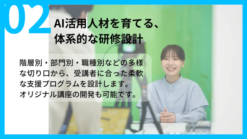 AIパートナーズの特徴「AI活用人材を育てる、体系的な研修設計」を説明する画像。階層別・部門別・職種別の切り口で研修を設計し、オリジナル講座も開発できると書かれている