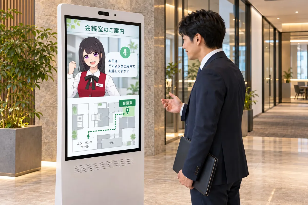 オフィスのロビーに置かれた縦長のサイネージにAIさくらさんのアバターと会議室までの地図が表示され、来訪者が画面を見ている