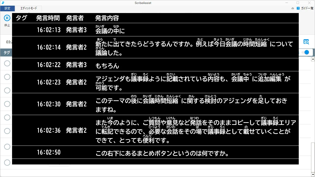 ScribeAssist pop-up captions: time, speaker and remarks shown in large text on a black background, with furigana above the kanji