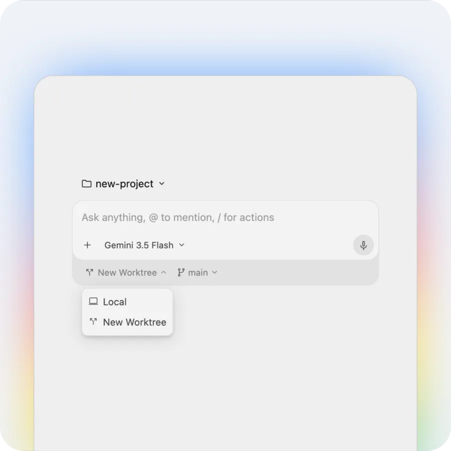 Antigravity 的智能体界面：项目名下方为「Ask anything, @ to mention, / for actions」输入框、模型选择「Gemini 3.5 Flash」，以及 Local／New Worktree 执行模式切换