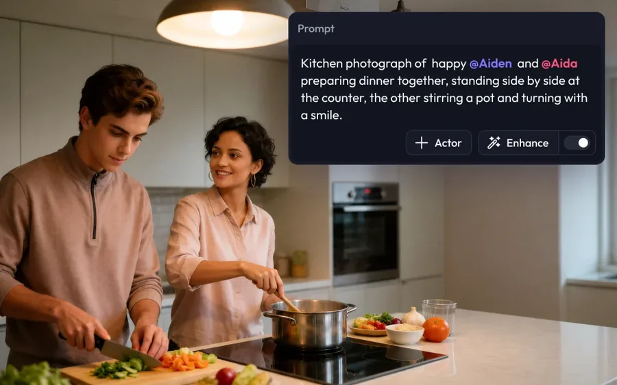 artflow AI の生成UI。「Kitchen photograph of happy @Aiden and @Aida preparing dinner together」というプロンプトで、2人のActorがキッチンで料理する写真が生成されている