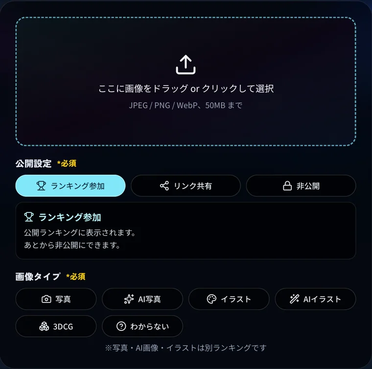 映え偏差値のアップロード画面。画像のドラッグ&ドロップ領域（JPEG / PNG / WebP、50MBまで）の下に、公開設定としてランキング参加・リンク共有・非公開の3つ、画像タイプとして写真・AI写真・イラスト・AIイラスト・3DCG・わからないの6つのボタンが並んでいる