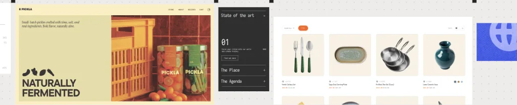 Base44で作られたWebサイトの例。小ロットの発酵食品ブランド「PICKLA」のサイト、「State of the art」のアジェンダ画面、食器のECカタログなど、実際に生成されたアプリ・サイトが並んでいる