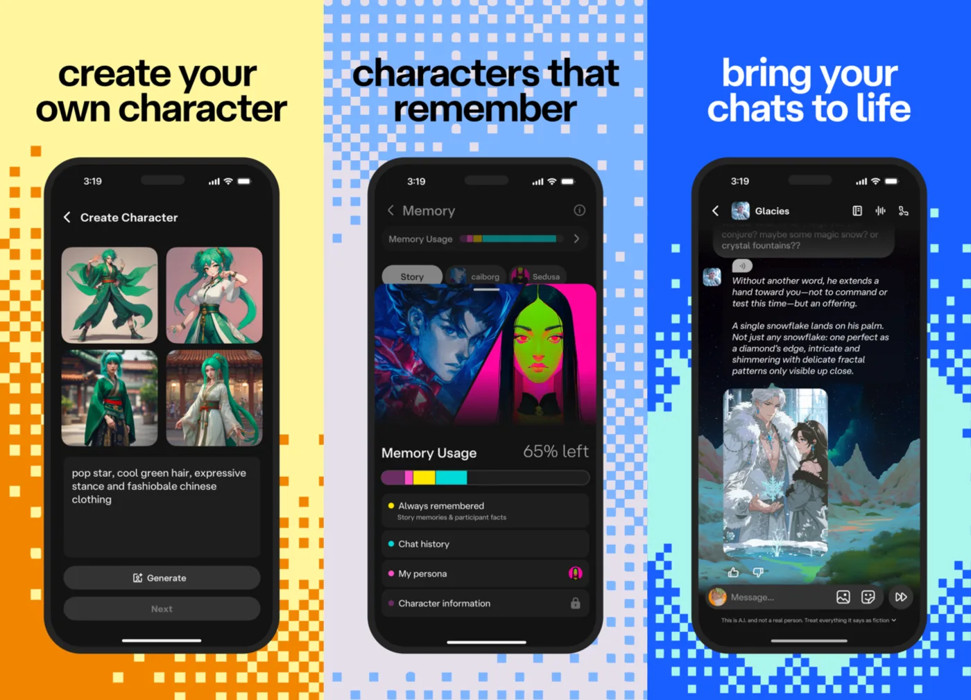 Character.AIのアプリ画面3枚。左はテキストからキャラクターのアバター画像を生成する作成画面、中央は記憶の使用状況を示すMemory画面、右は画像付きのロールプレイのチャット画面
