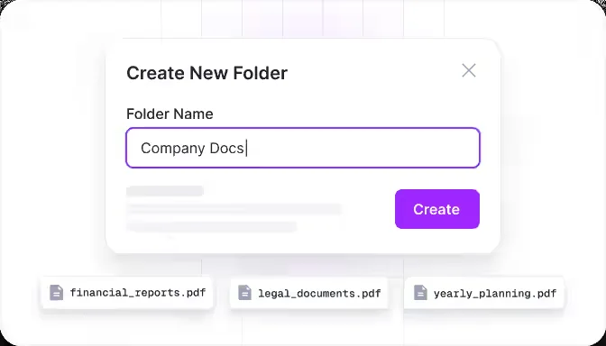 ChatPDFのフォルダ作成画面。「Company Docs」という名前でフォルダを作り、複数のPDFをまとめる様子