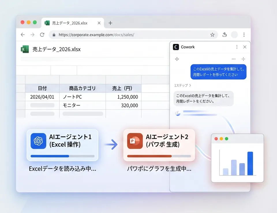 Coworkのデモ画面。ブラウザでExcelの売上データを開き、右のCoworkのパネルで「売上データを集計して月間レポートを作って」と頼むと、Excel操作とパワポ生成の2つのAIエージェントが順に動く様子