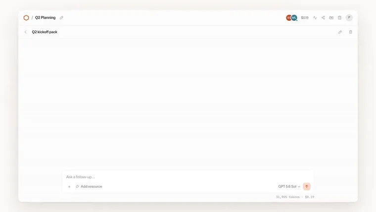 Cloudflare OS の別のワークスペース。「Q2 Planning」タスクで GPT 5.6 Sol が選択され、31,905 tokens・$0.19 とコストが表示されている。ワークスペースごとに使うモデルを切り替えられる