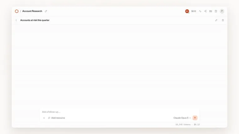 Cloudflare OS のワークスペース画面。「Account Research（今四半期にリスクのある顧客）」というタスクに対し、右下のモデルピッカーで Claude Opus 5 が選択され、消費トークンと概算コスト（18,240 tokens・$0.12）が表示されている