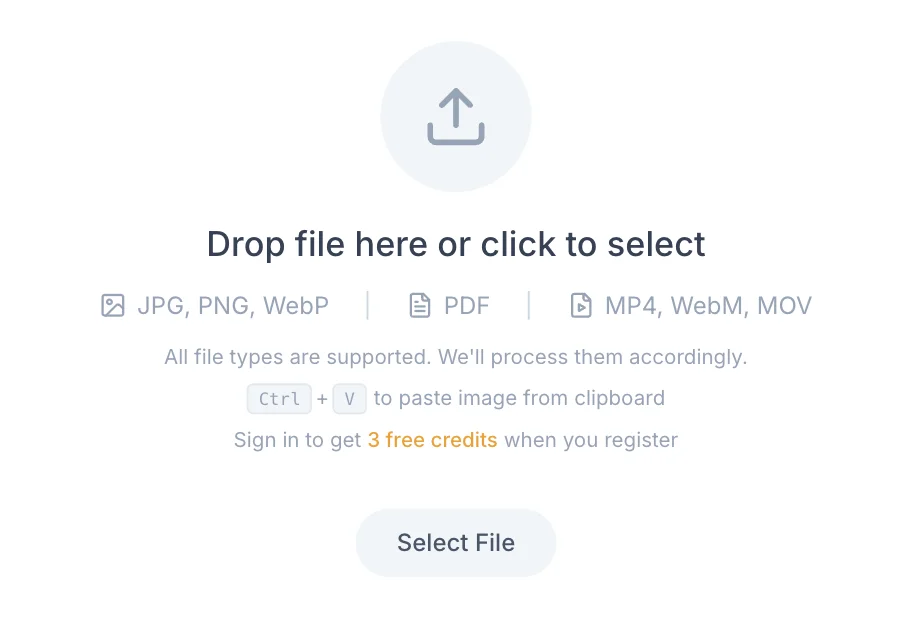 CopySlidesのワークスペースのアップロード画面。「Drop file here or click to select」の見出しの下に、JPG, PNG, WebP／PDF／MP4, WebM, MOV の3区分が並び、その下に「Sign in to get 3 free credits when you register」と表示されている