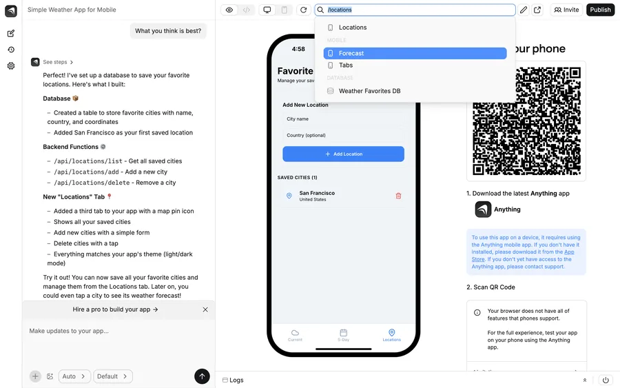 Create.xyz のビルダー画面。左にAIとのチャット（データベースやAPIを作成した説明）、中央にスマホアプリのプレビュー、右にQRコードでの公開手順が並ぶ