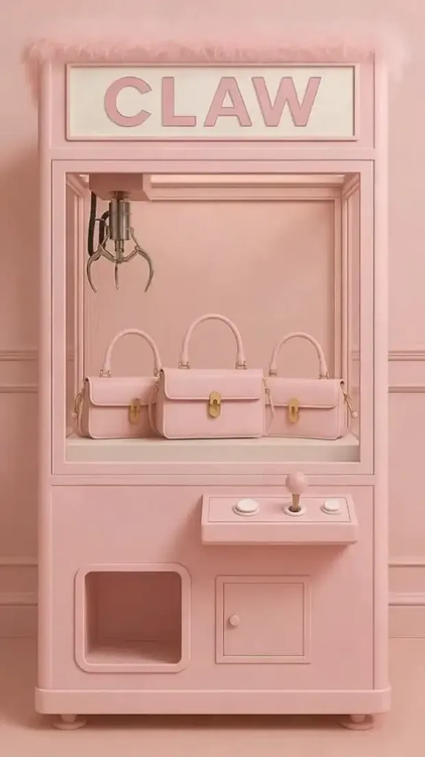 Creatiで生成した商品動画の例。ピンクのクレーンゲーム機の中にブランドバッグが並ぶAI生成ビジュアル