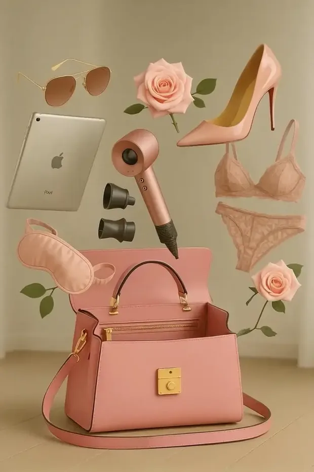 Creatiで生成した商品ビジュアルの例。ピンクのバッグから小物やコスメが飛び出すAI生成の商品広告風イメージ