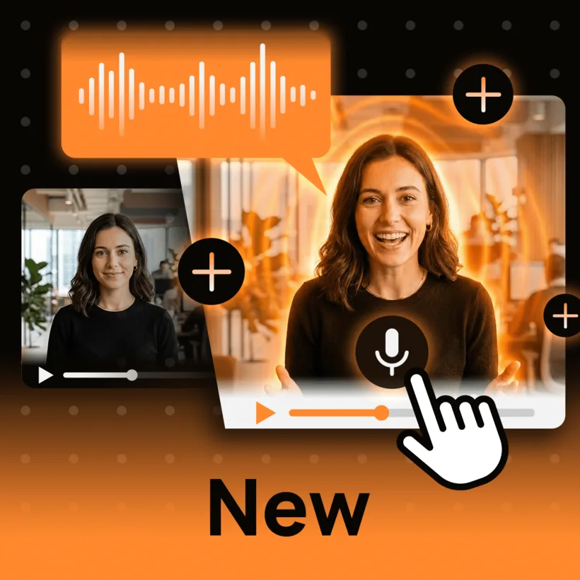 D-ID の製品イメージ。話すAIアバターの動画に音声波形とマイク・再生バーが重なり、対話型の動画であることを表している
