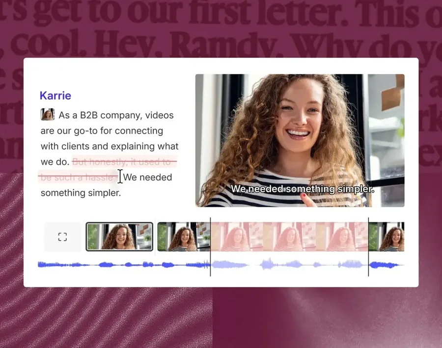 Descriptのテキストベース編集画面。左に文字起こし（取り消し線で削除箇所）、右に動画プレビュー、下に波形付きタイムライン