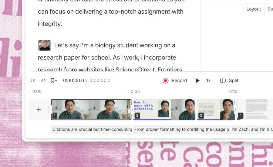 Descriptのタイムライン編集画面。複数のシーンが並び、字幕付きの動画クリップとRecord/Split等の操作ボタン