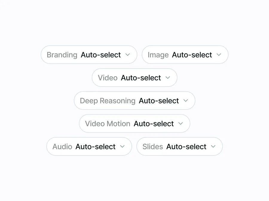 Designs.ai の専門エージェント一覧。Branding・Image・Video・Deep Reasoning・Video Motion・Audio・Slides の各エージェントに「Auto-select」（自動モデル選定）が付いている