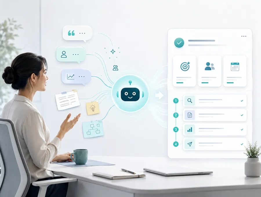 Designs.ai の利用イメージ。ユーザーが話しかけると、AIエージェントが要望を受け取り、右側でタスクを計画・実行して成果物にまとめている