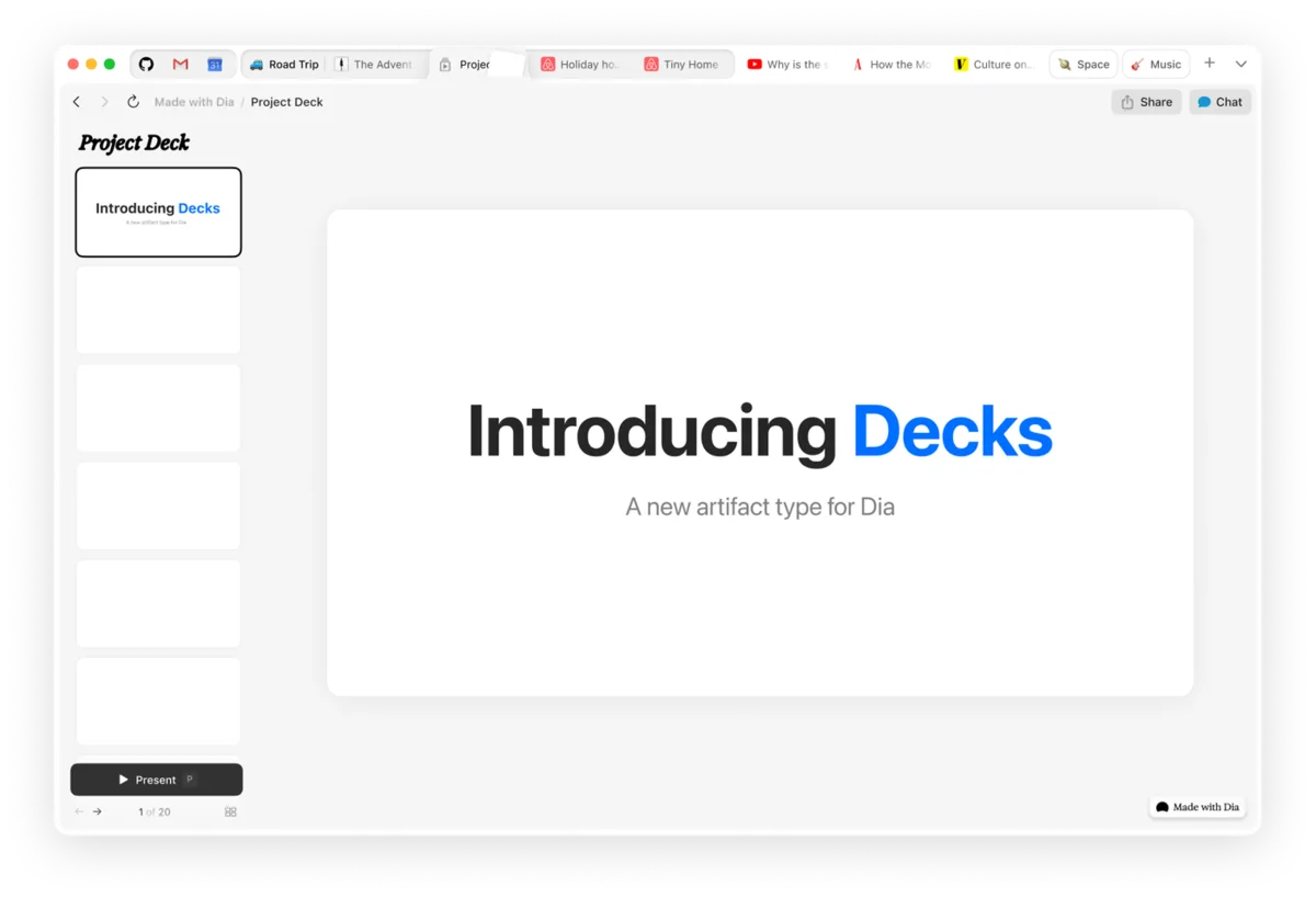 DiaのDecksの画面。左にスライドの一覧、中央に「Introducing Decks」と書かれた表紙のスライドが表示されている