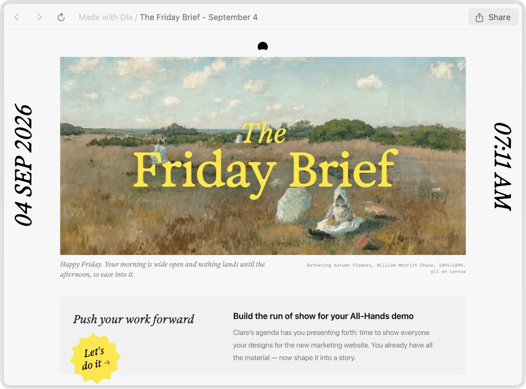 Diaが作った「The Friday Brief」の画面。日付と時刻の横に絵画の見出し画像があり、その下にその日にやることの要約が並ぶ