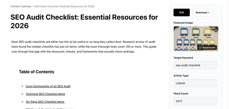 Distribbの記事画面。コンテンツカレンダーから開いた「SEO Audit Checklist: Essential Resources for 2026」という記事の本文と目次が左に、右側に Edit・Download ボタン、生成されたアイキャッチ画像と Regenerate ボタン、ターゲットキーワード「seo audit checklist」、記事タイプ「Listicle」、文字数「2471」が表示されている