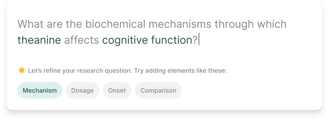Elicit's research question box. 'What are the biochemical mechanisms through which theanine affects cognitive function?' is typed in, and below it, under 'Let's refine your research question', the suggestions Mechanism, Dosage, Onset and Comparison are shown