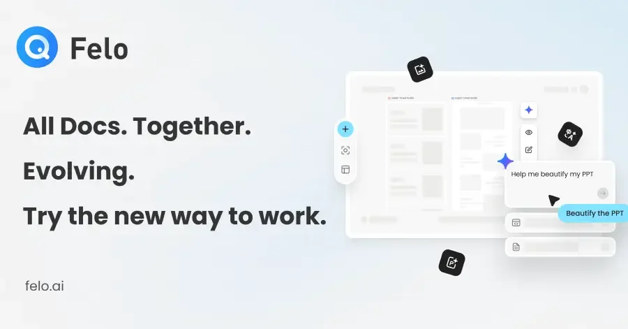 Feloのビジュアル。資料・スライドのUIモックアップと「Help me beautify my PPT」のAIチャット、ロゴとタグライン
