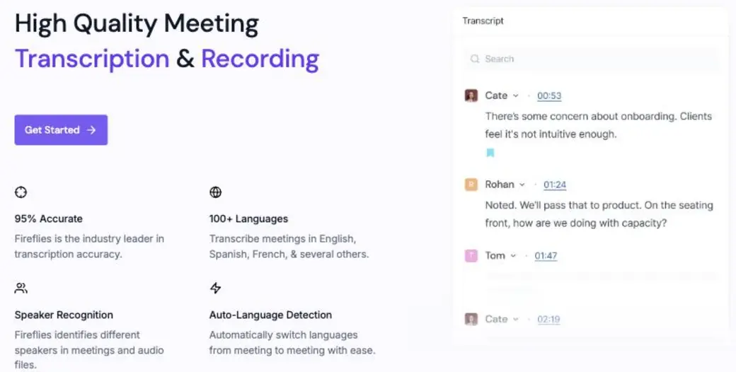 Fireflies.ai のTranscript（文字起こし）画面。話者ごと（Cate・Rohan・Tom）にタイムスタンプ付きで発言が整理され、検索もできる様子