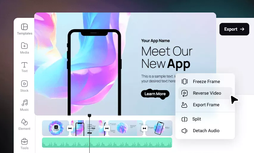 FlexClipの編集画面。左にTemplates/Media/Text/Stock/Music/Element/Toolsのメニュー、中央に動画キャンバス、下にタイムラインとFreeze Frame/Split等のメニュー