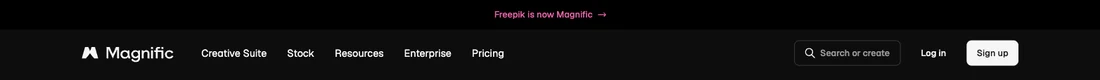 magnific.com のヘッダー最上部に表示されている告知バー。黒地にピンク色の文字で「Freepik is now Magnific →」と書かれ、その下に Magnific のロゴとナビゲーションが並んでいる