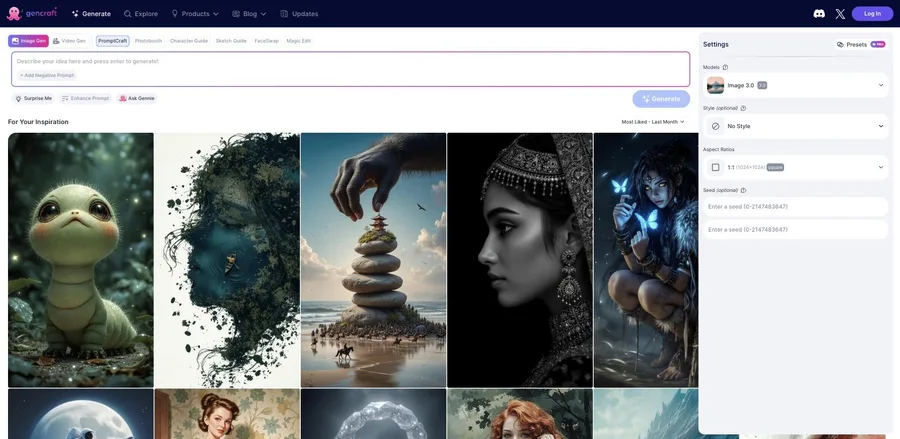 Gencraft の生成画面。上部に Image Gen／Video Gen／PromptCraft などのタブ、右にモデル（Image 3.0）・スタイル・アスペクト比の設定、中央に生成作品のギャラリーが並ぶ