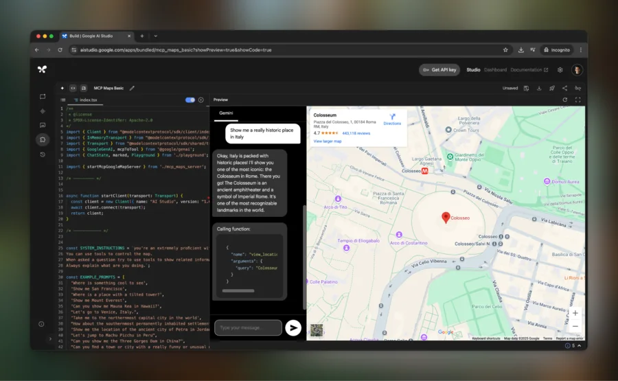 Google AI Studio 的 Build 画面：左侧代码编辑器，中央为与 Gemini 的对话，右侧为生成应用（地图）的预览