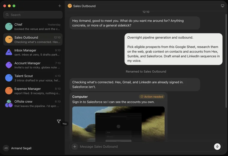 The Grok Bot desktop app. The left sidebar lists Bots by role — Chief, Inbox Manager, Account Manager, Talent Scout, Expense Manager — and in the thread the Sales Outbound Bot reports that Hex, Gmail, and LinkedIn are already signed in while Salesforce is not, and asks to be signed in to Salesforce