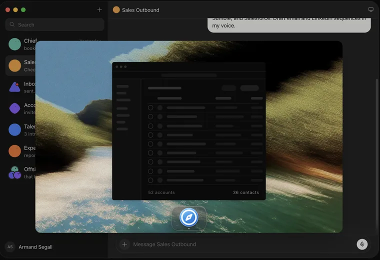 The Computer view opened inside a Grok Bot thread. The Bot has launched a browser on its own cloud computer and opened a CRM list showing 52 accounts and 36 contacts