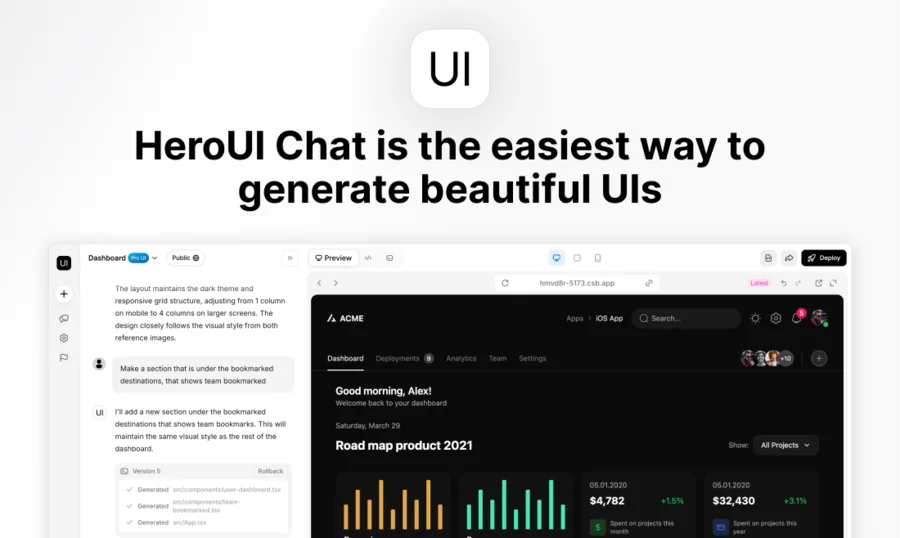 HeroUI Chatの画面。左に生成プロセスのチャット、右に生成されたダッシュボードUIのプレビュー