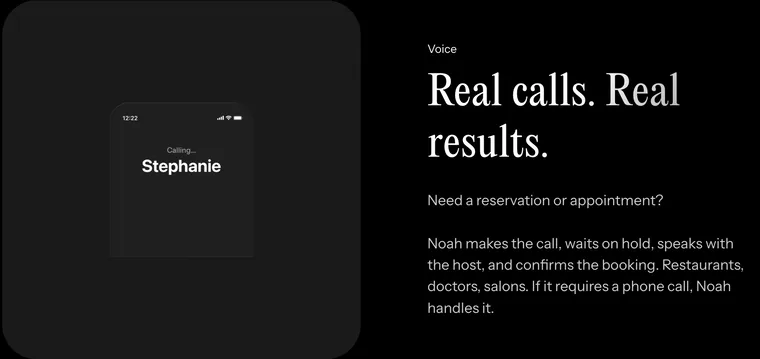 Hey Noah's voice feature. An iPhone screen shows "Calling... Stephanie" as Noah places a real call