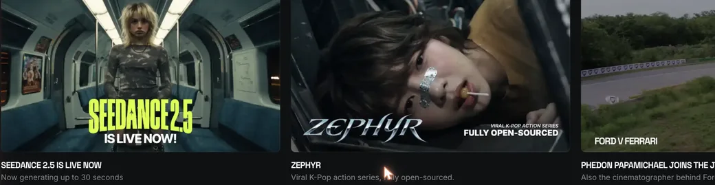 Higgsfieldの作例。地下鉄を舞台にした「SEEDANCE 2.5 IS LIVE NOW（最大30秒生成）」、K-POPアクションシリーズ「ZEPHYR」、映画『フォード vs フェラーリ』の撮影監督フェドン・パパミカエルが審査員に加わったことを示す映像など、映画的な生成作品が並んでいる