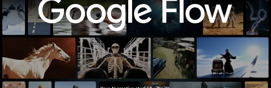 Google Flowのトップ画面。「Your AI creative studio built with Google's advanced generative models」の見出しとともに、生成された動画・画像のサムネイルがグリッド状に並んでいる