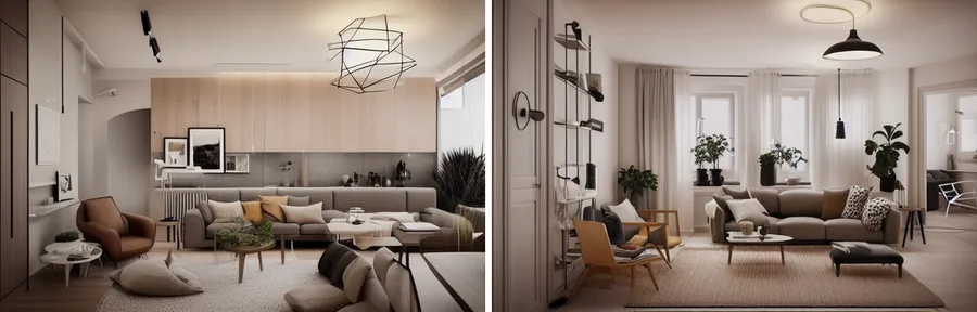 Interior AI が生成したリビングの例。モダンとスカンジナビアの2つのスタイルで、家具や照明まで写実的にレンダリングされている