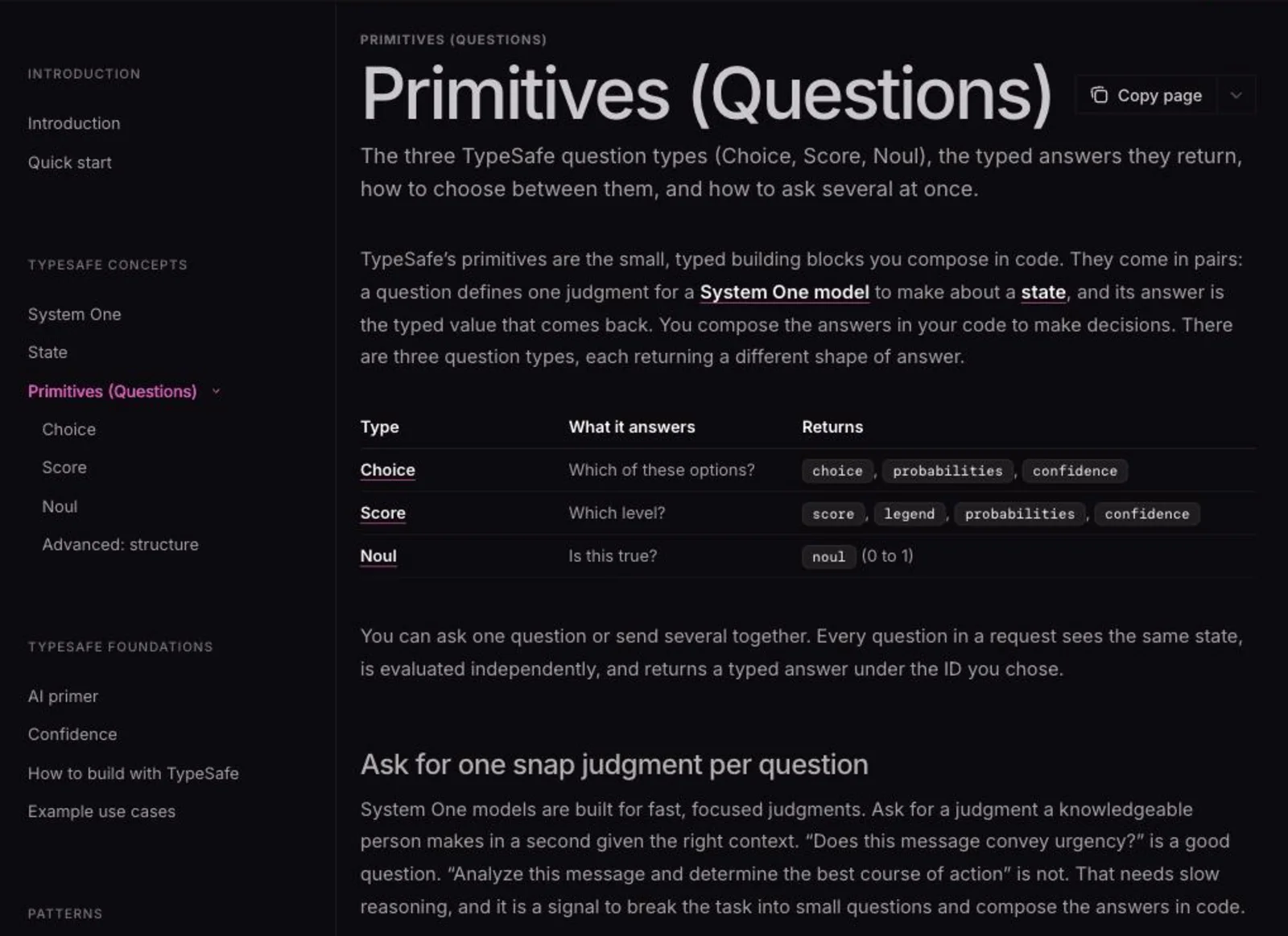 The Primitives (Questions) page of the TypeSafe AI documentation, showing the three question types Choice, Score and Noul with the fields each returns: choice / probabilities / confidence, score / legend / probabilities / confidence, and noul