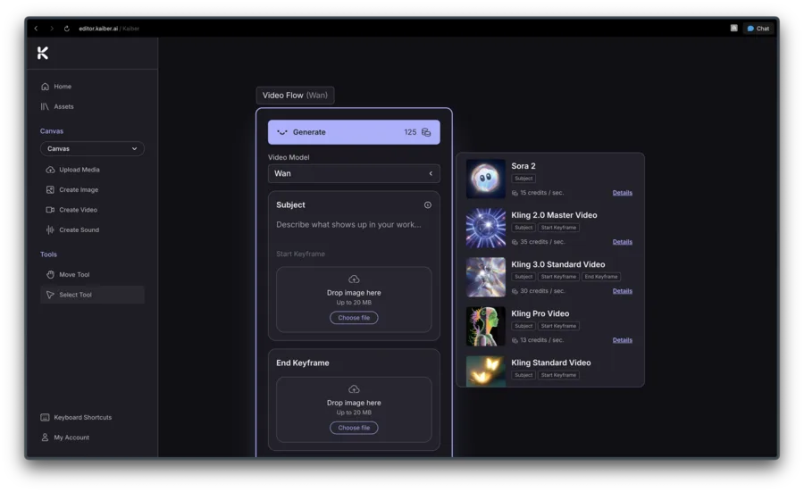 Kaiber の Canvas 画面。左に Create Image/Video/Sound のメニュー、中央に Video Flow（Wan）の生成設定、右に Sora 2・Kling 3.0 など動画モデルの一覧と1秒あたりのクレジットが表示されている