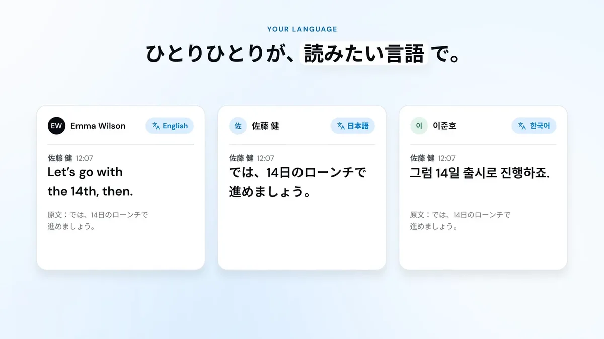 同一句日语发言在 English、日本語、한국어 三张卡片中分别以对应语言显示的界面